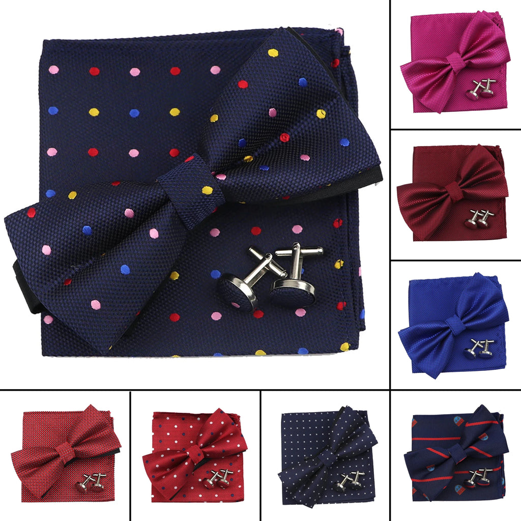 3PC Mens Bowtie Set Fashion Dot Solid Polyester Bow Tie Handkerchief Cufflinks Bar Party Wedding Business Daily Wear Accessories - Luzilly Bridal & Apparel