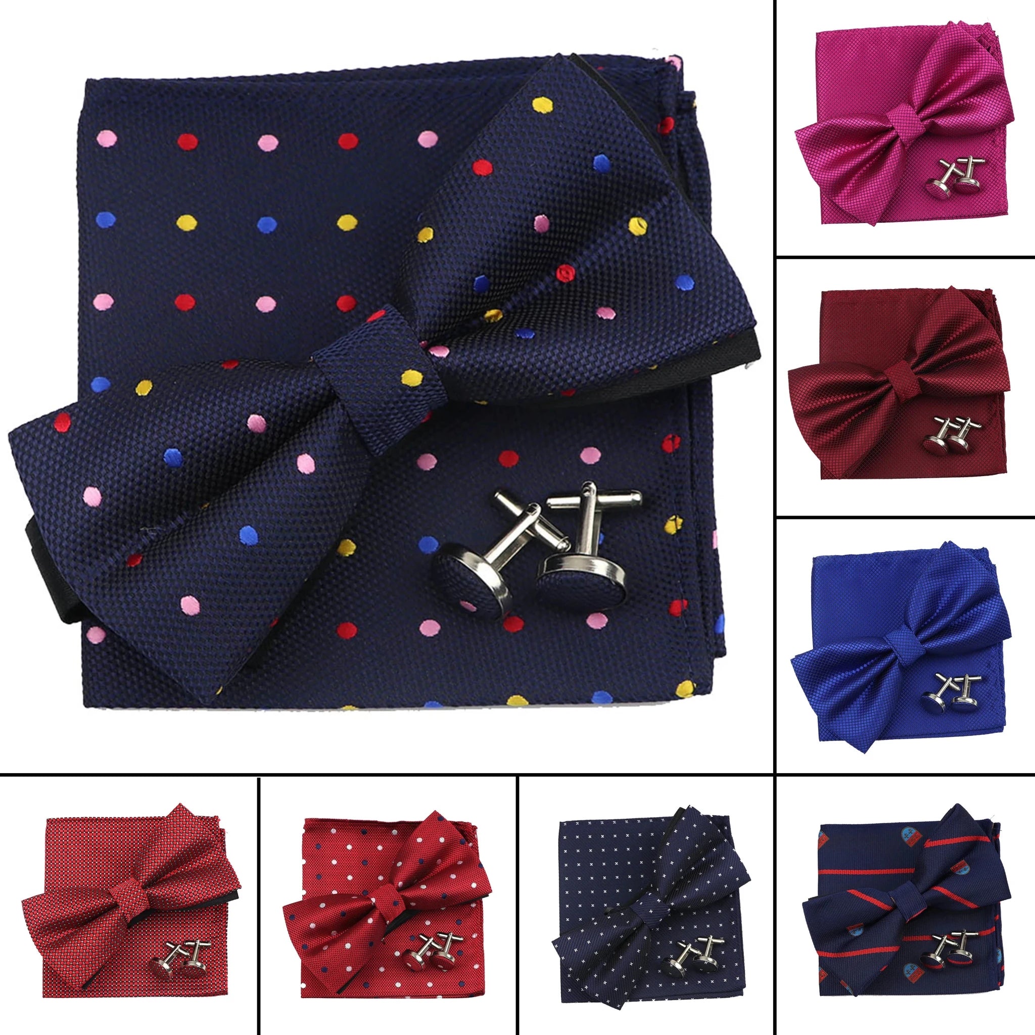 3PC Mens Bowtie Set Fashion Dot Solid Polyester Bow Tie Handkerchief Cufflinks Bar Party Wedding Business Daily Wear Accessories - Luzilly Bridal & Apparel
