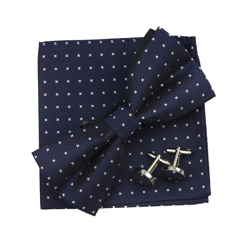 3PC Mens Bowtie Set Fashion Dot Solid Polyester Bow Tie Handkerchief Cufflinks Bar Party Wedding Business Daily Wear Accessories - Luzilly Bridal & Apparel