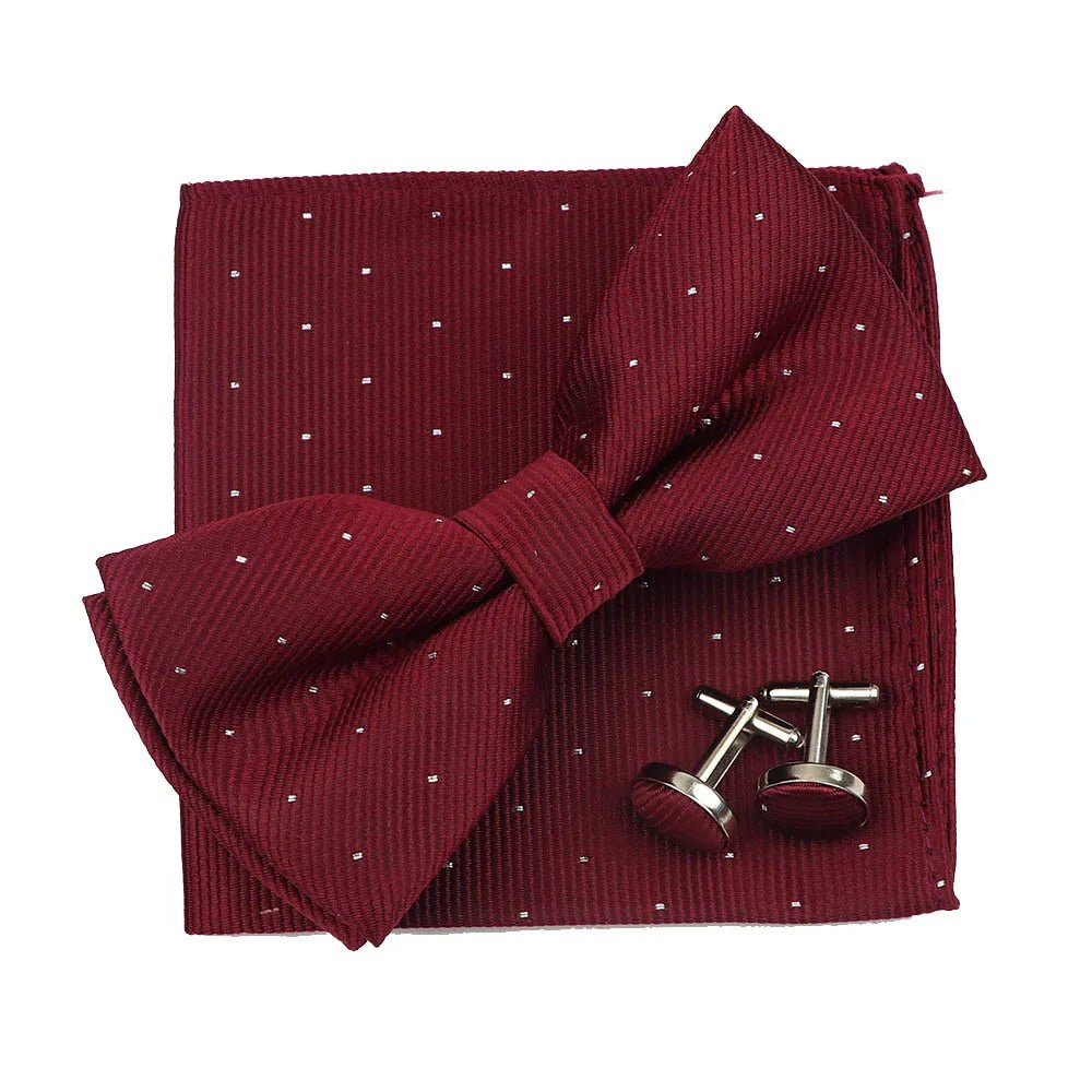 3PC Mens Bowtie Set Fashion Dot Solid Polyester Bow Tie Handkerchief Cufflinks Bar Party Wedding Business Daily Wear Accessories - Luzilly Bridal & Apparel
