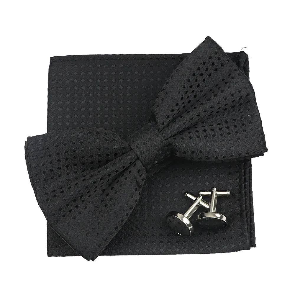 3PC Mens Bowtie Set Fashion Dot Solid Polyester Bow Tie Handkerchief Cufflinks Bar Party Wedding Business Daily Wear Accessories - Luzilly Bridal & Apparel