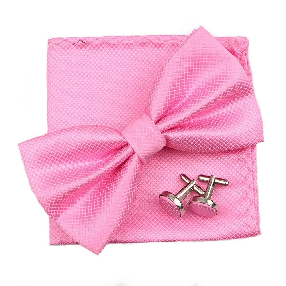 3PC Mens Bowtie Set Fashion Dot Solid Polyester Bow Tie Handkerchief Cufflinks Bar Party Wedding Business Daily Wear Accessories - Luzilly Bridal & Apparel