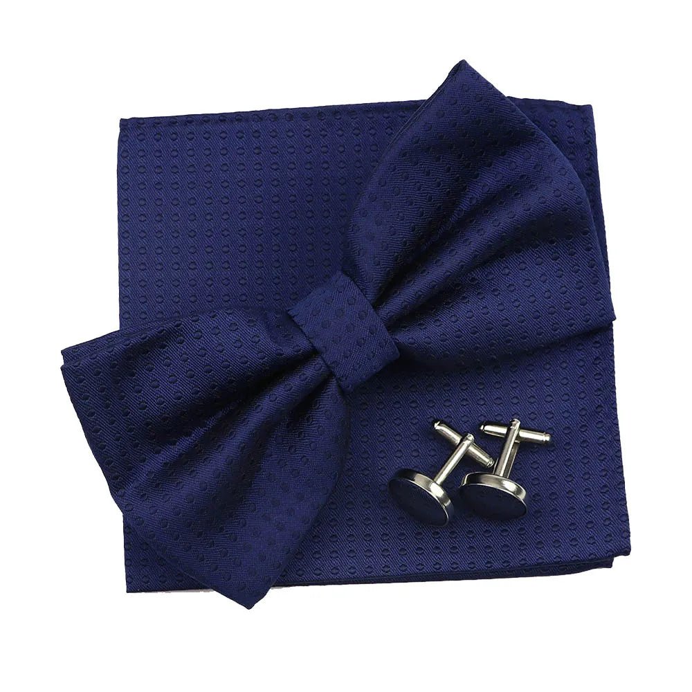 3PC Mens Bowtie Set Fashion Dot Solid Polyester Bow Tie Handkerchief Cufflinks Bar Party Wedding Business Daily Wear Accessories - Luzilly Bridal & Apparel