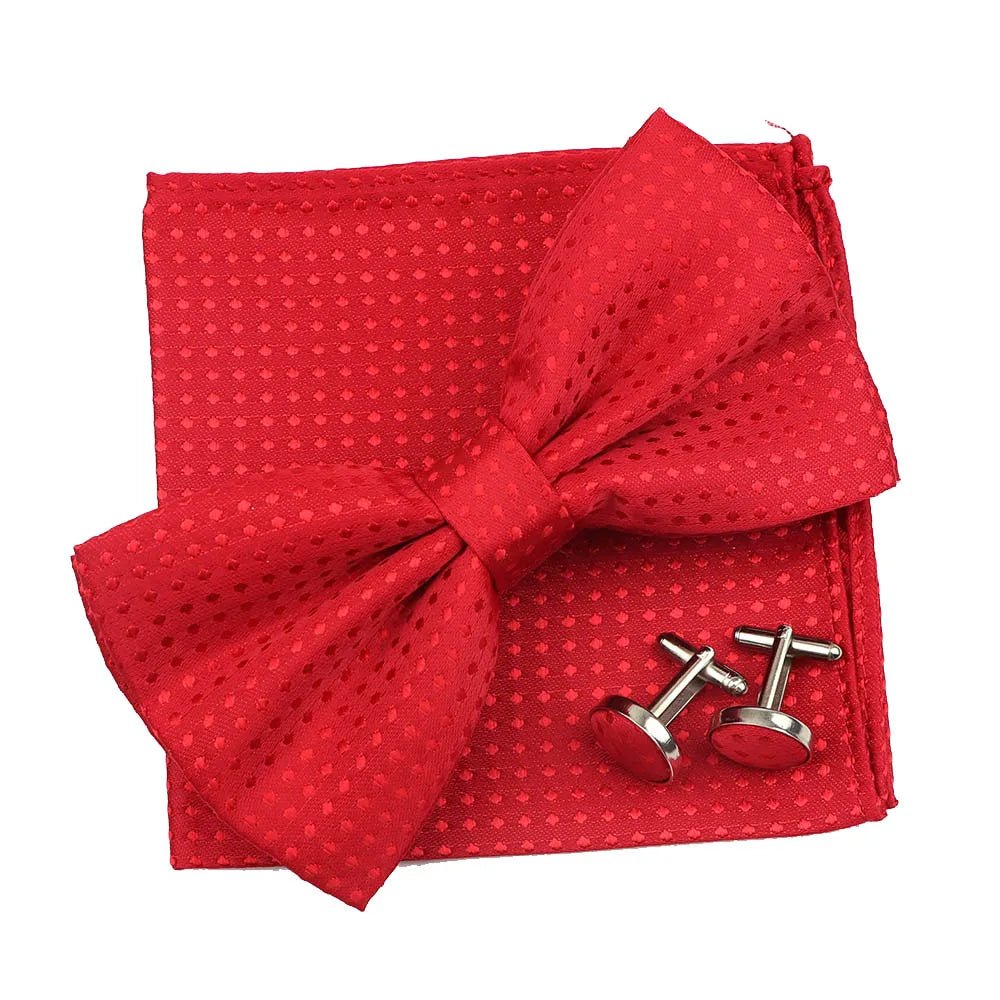 3PC Mens Bowtie Set Fashion Dot Solid Polyester Bow Tie Handkerchief Cufflinks Bar Party Wedding Business Daily Wear Accessories - Luzilly Bridal & Apparel