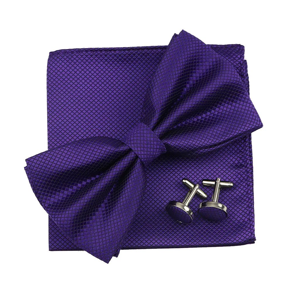 3PC Mens Bowtie Set Fashion Dot Solid Polyester Bow Tie Handkerchief Cufflinks Bar Party Wedding Business Daily Wear Accessories - Luzilly Bridal & Apparel