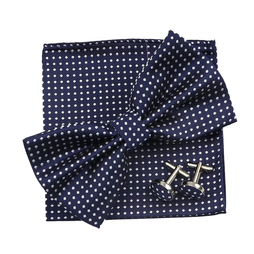 3PC Mens Bowtie Set Fashion Dot Solid Polyester Bow Tie Handkerchief Cufflinks Bar Party Wedding Business Daily Wear Accessories - Luzilly Bridal & Apparel