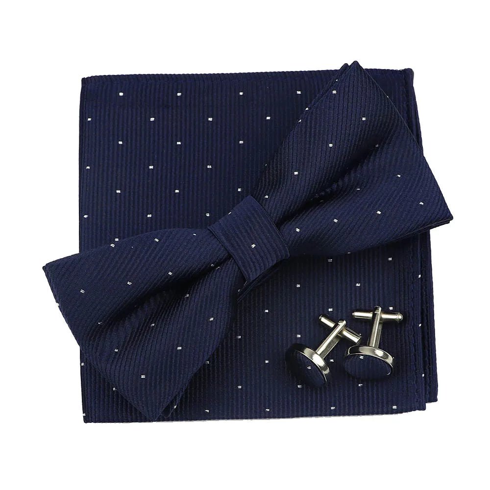 3PC Mens Bowtie Set Fashion Dot Solid Polyester Bow Tie Handkerchief Cufflinks Bar Party Wedding Business Daily Wear Accessories - Luzilly Bridal & Apparel