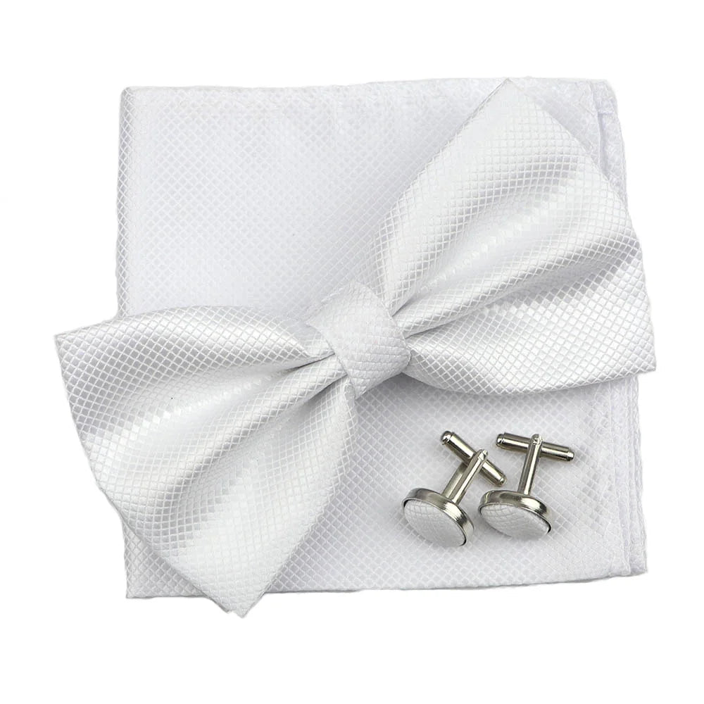 3PC Mens Bowtie Set Fashion Dot Solid Polyester Bow Tie Handkerchief Cufflinks Bar Party Wedding Business Daily Wear Accessories - Luzilly Bridal & Apparel