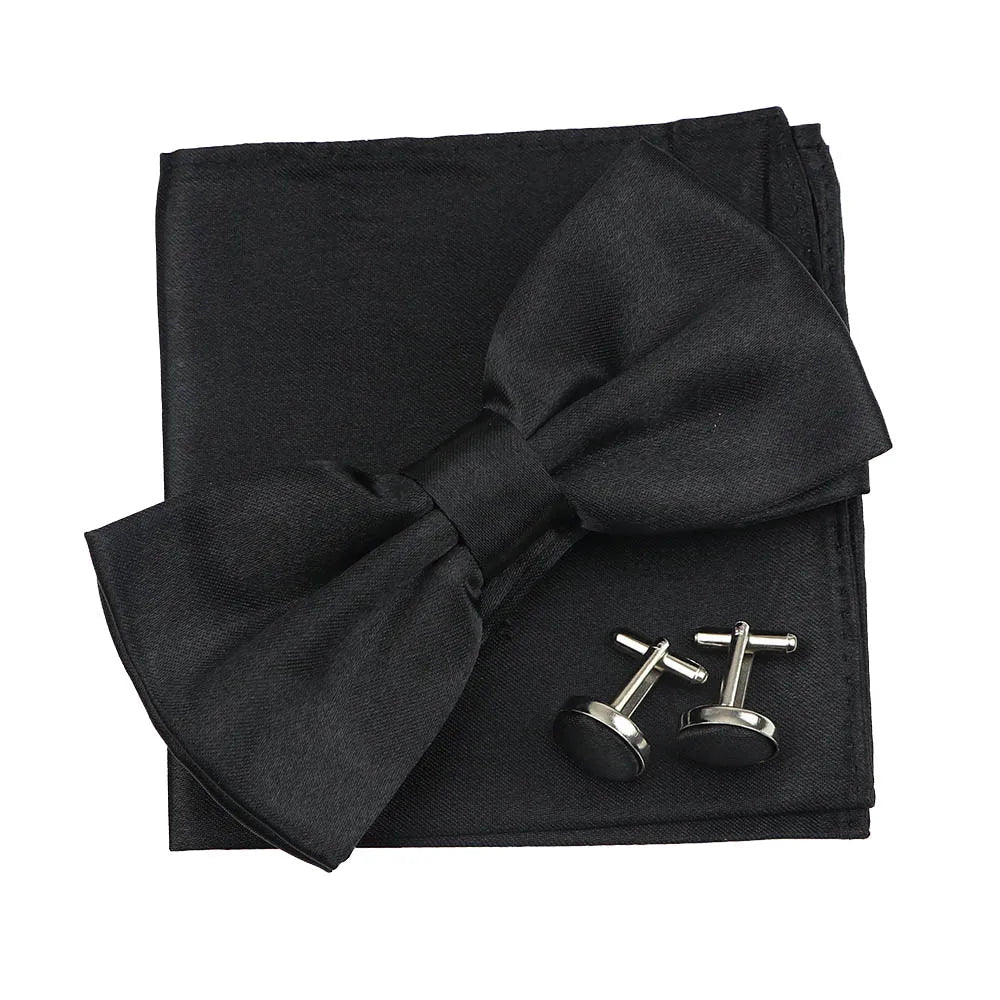 3PC Mens Bowtie Set Fashion Dot Solid Polyester Bow Tie Handkerchief Cufflinks Bar Party Wedding Business Daily Wear Accessories - Luzilly Bridal & Apparel