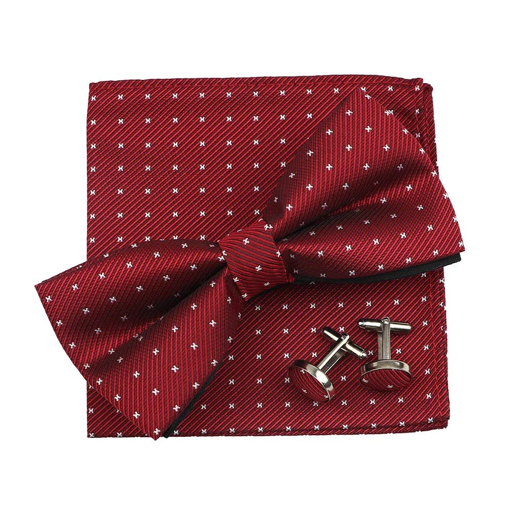 3PC Mens Bowtie Set Fashion Dot Solid Polyester Bow Tie Handkerchief Cufflinks Bar Party Wedding Business Daily Wear Accessories - Luzilly Bridal & Apparel