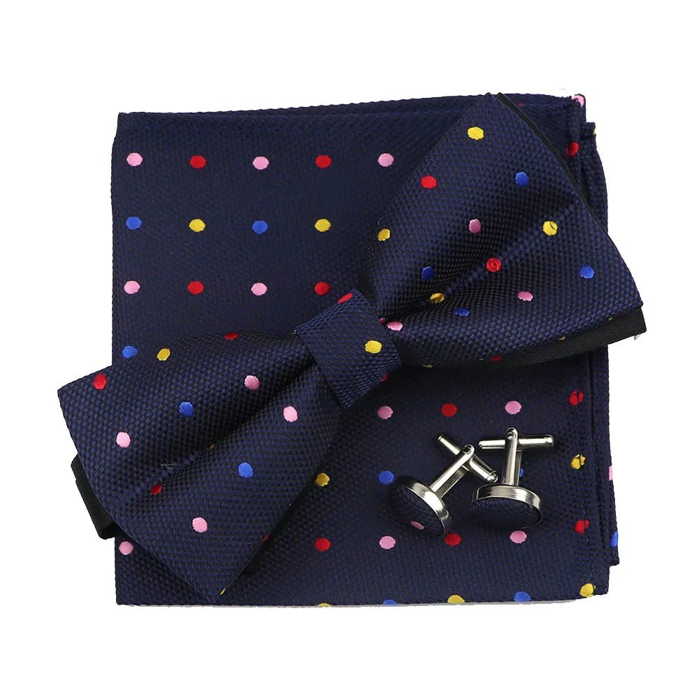 3PC Mens Bowtie Set Fashion Dot Solid Polyester Bow Tie Handkerchief Cufflinks Bar Party Wedding Business Daily Wear Accessories - Luzilly Bridal & Apparel