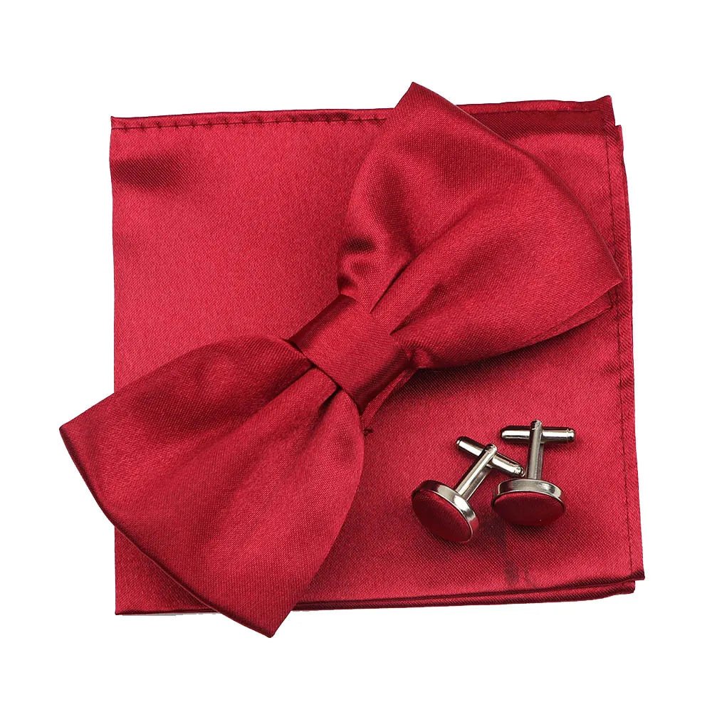 3PC Mens Bowtie Set Fashion Dot Solid Polyester Bow Tie Handkerchief Cufflinks Bar Party Wedding Business Daily Wear Accessories - Luzilly Bridal & Apparel