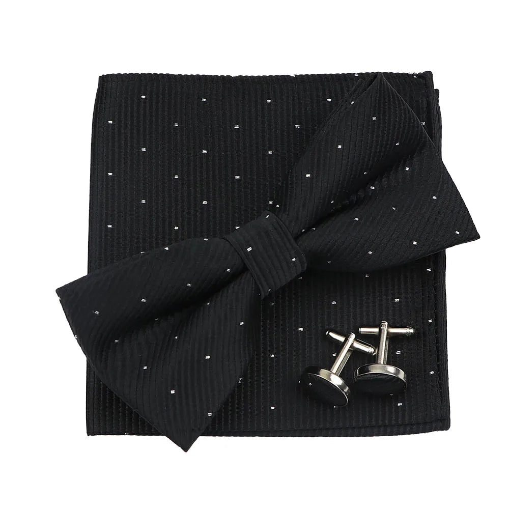 3PC Mens Bowtie Set Fashion Dot Solid Polyester Bow Tie Handkerchief Cufflinks Bar Party Wedding Business Daily Wear Accessories - Luzilly Bridal & Apparel