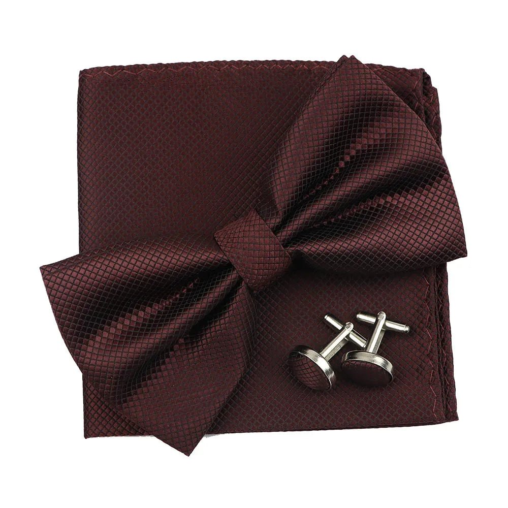 3PC Mens Bowtie Set Fashion Dot Solid Polyester Bow Tie Handkerchief Cufflinks Bar Party Wedding Business Daily Wear Accessories - Luzilly Bridal & Apparel