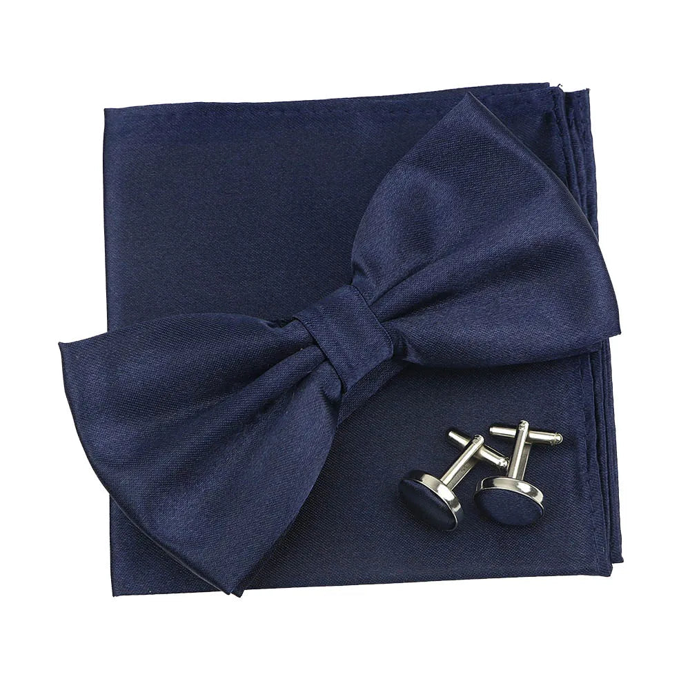 3PC Mens Bowtie Set Fashion Dot Solid Polyester Bow Tie Handkerchief Cufflinks Bar Party Wedding Business Daily Wear Accessories - Luzilly Bridal & Apparel