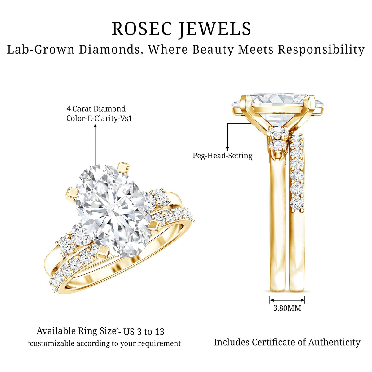 4 Carat Oval Wedding Ring Set with IGI Certified Lab Grown Diamond - Luzilly Bridal & Apparel