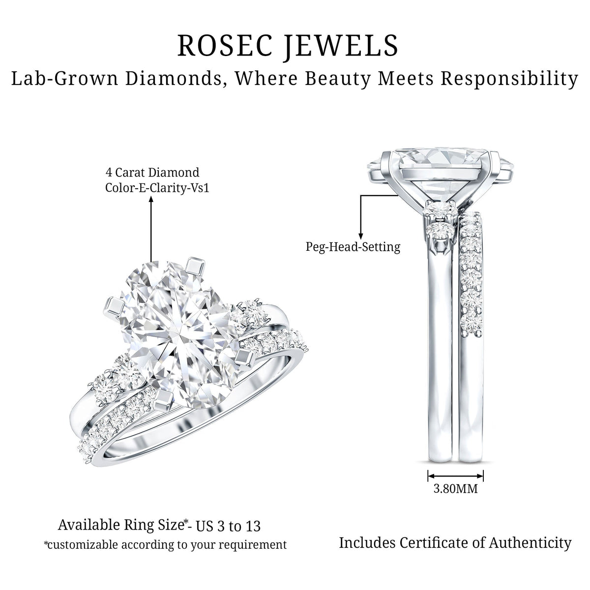 4 Carat Oval Wedding Ring Set with IGI Certified Lab Grown Diamond - Luzilly Bridal & Apparel