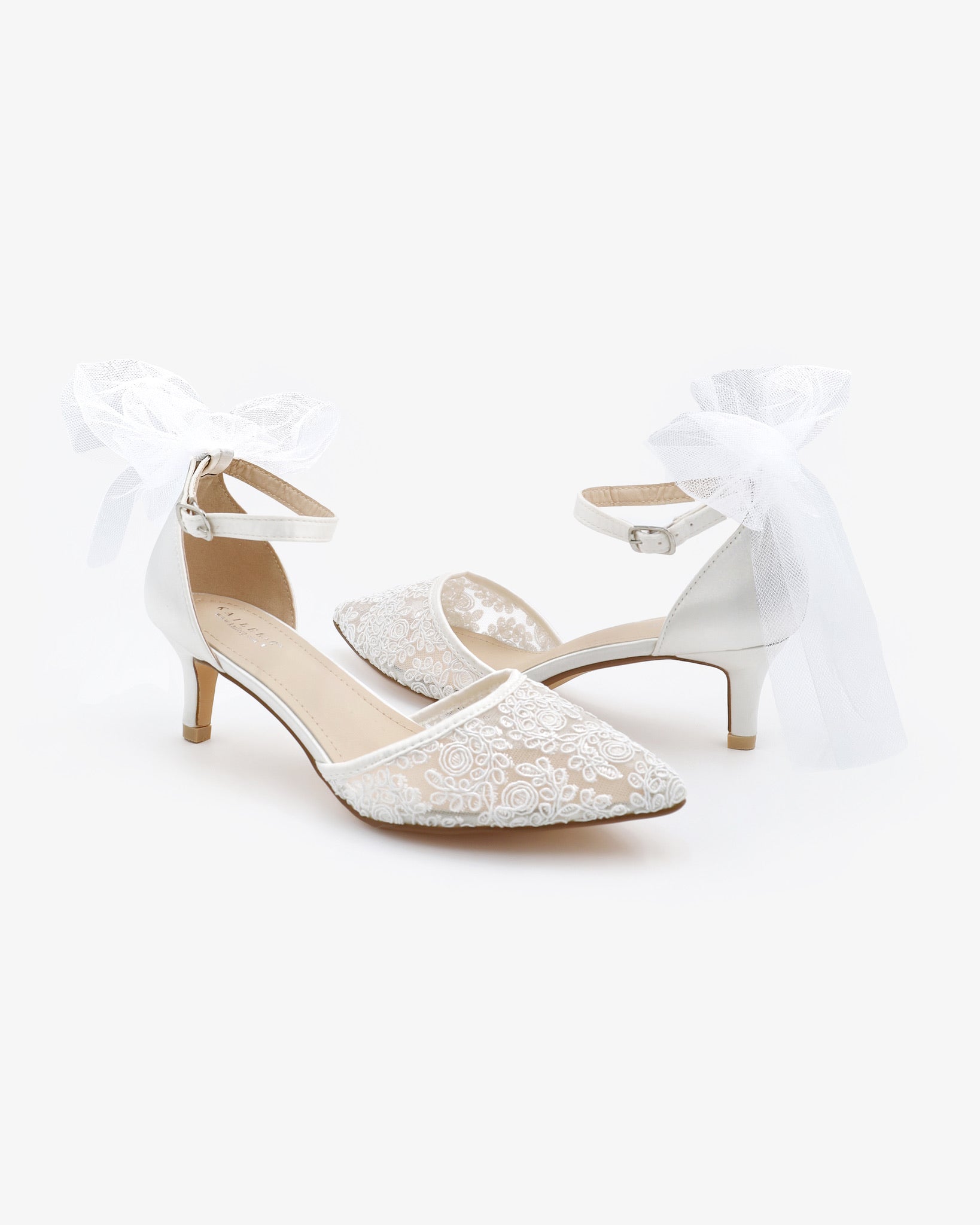Crochet Lace Pointy Toe Wedding Kitten Low Heel with Tulle Back Bow