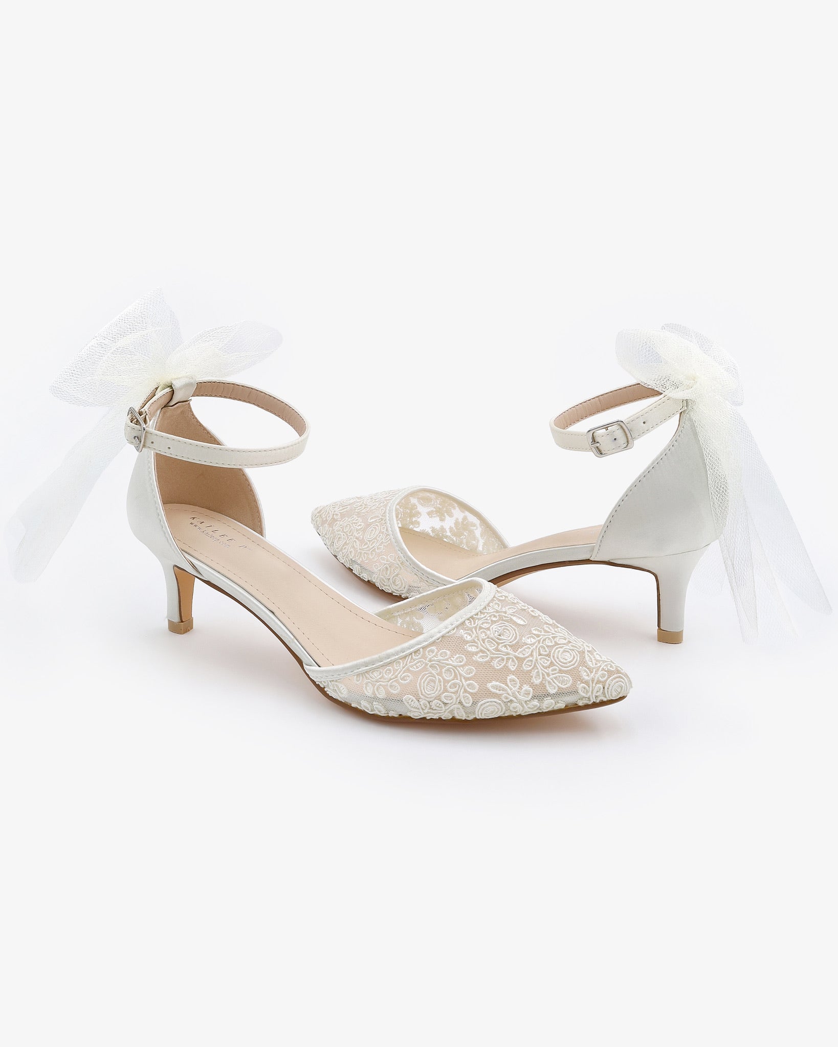 Crochet Lace Pointy Toe Wedding Kitten Low Heel with Tulle Back Bow