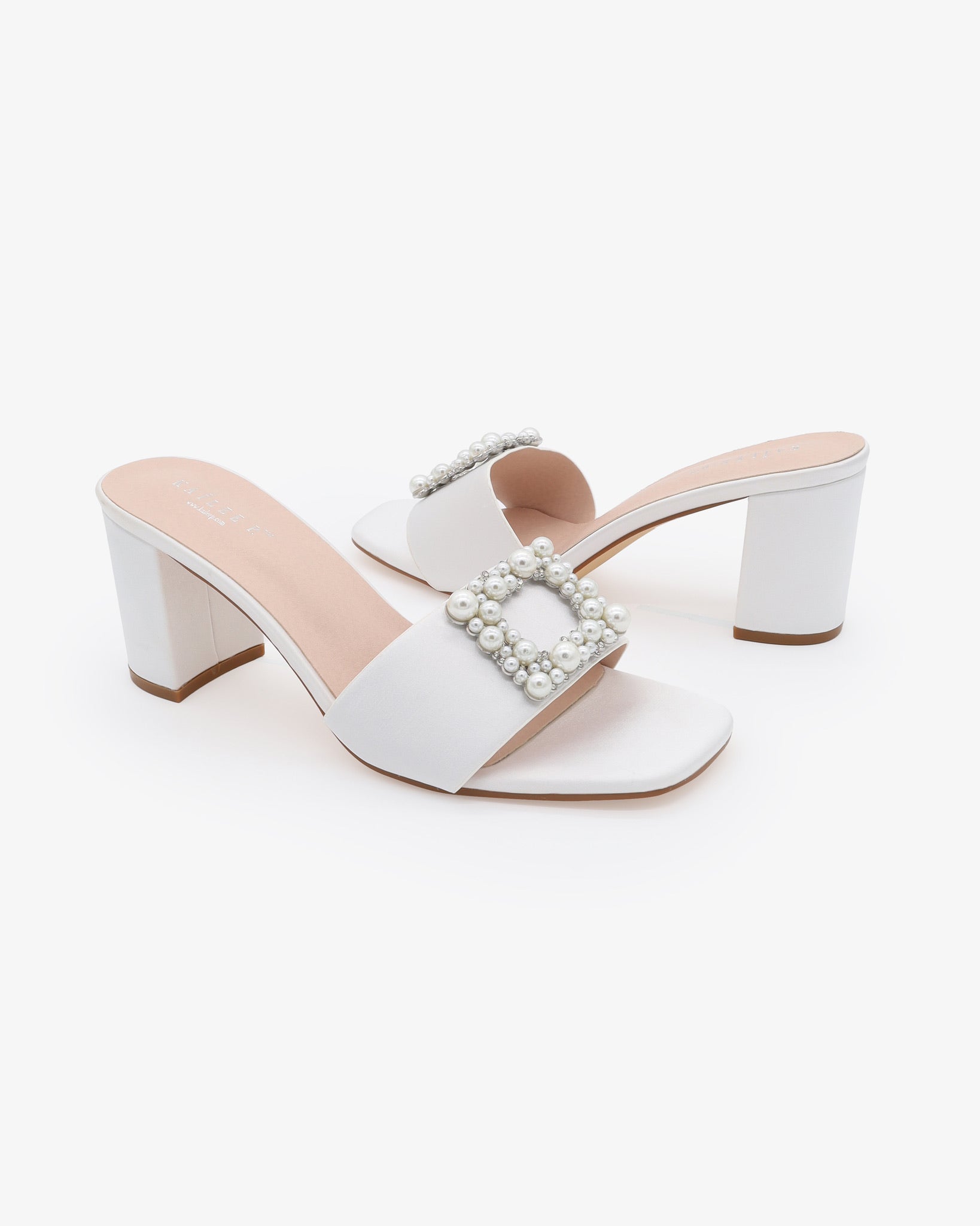 Satin Block Heels Slide Wedding Sandals with Pearlisse Buckle