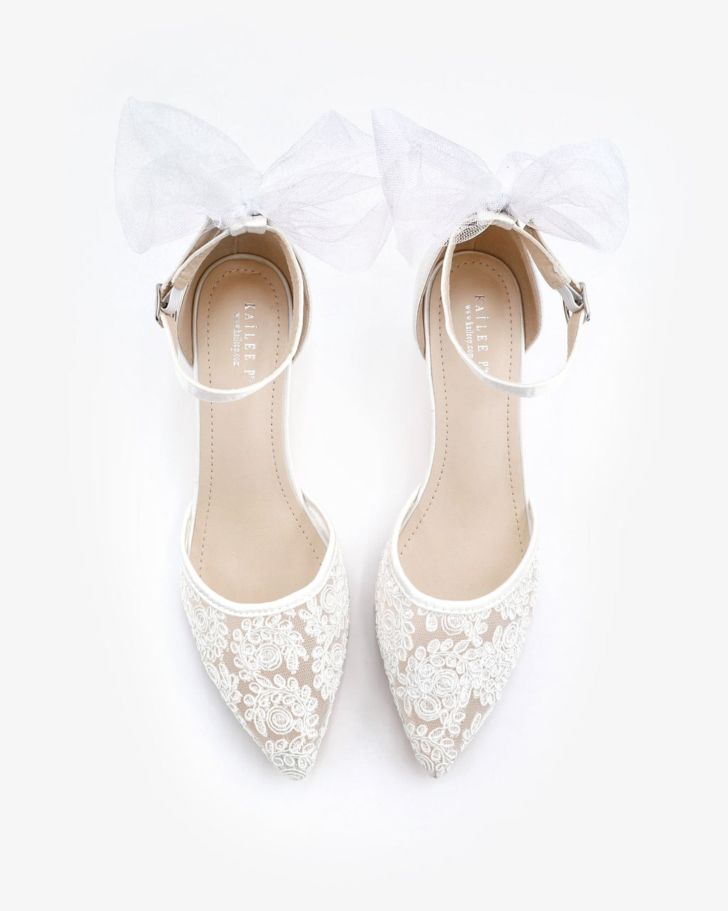 Crochet Lace Pointy Toe Wedding Kitten Low Heel with Tulle Back Bow