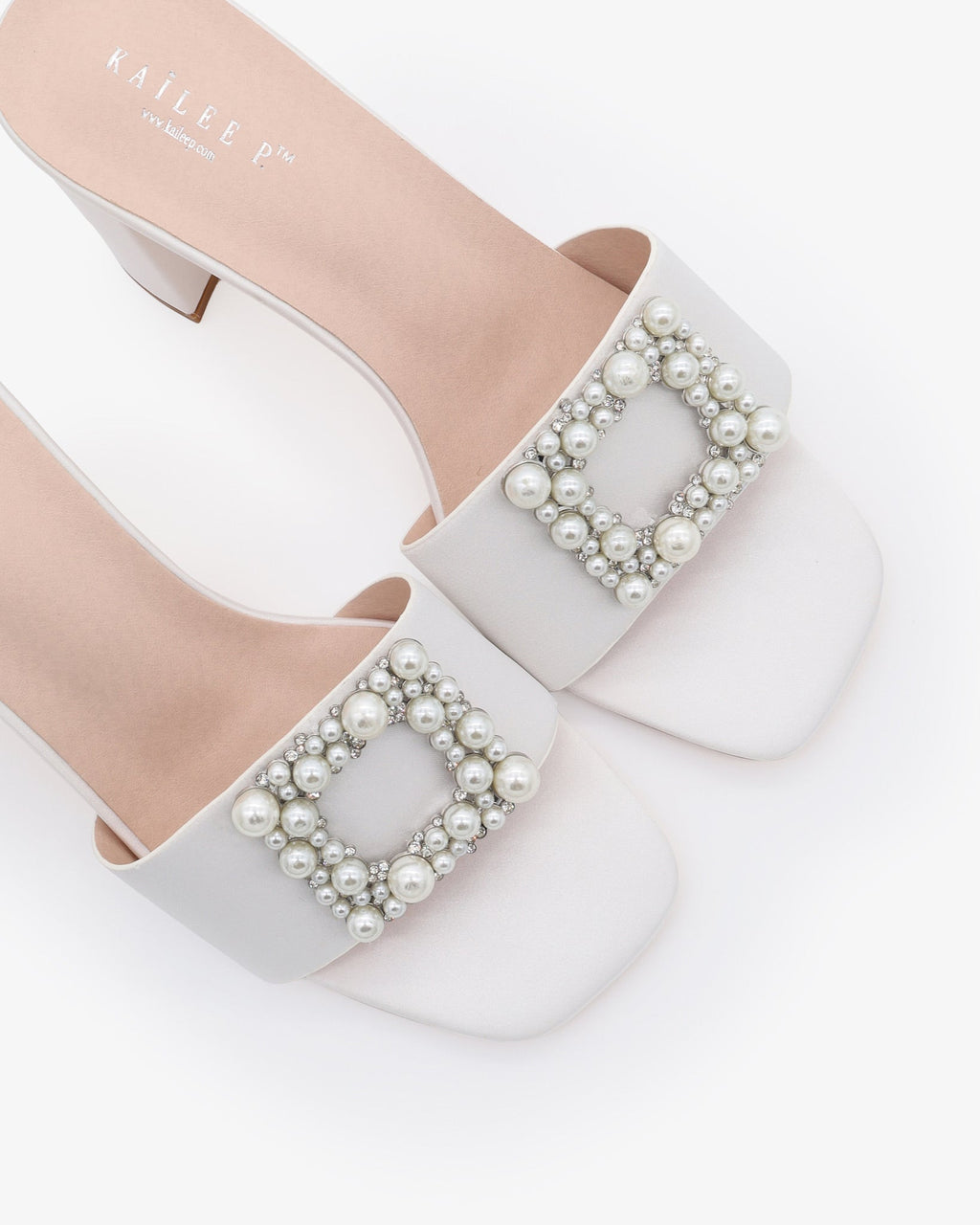 Satin Block Heels Slide Wedding Sandals with Pearlisse Buckle