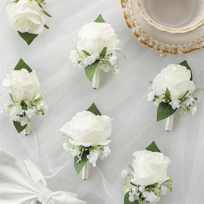 6PCS Men Buttonhole Boutonniere Prom Wedding Accessories Wrist Corsage Artificial Flowers Party Graduation Ceremony Decoration - Luzilly Bridal & Apparel