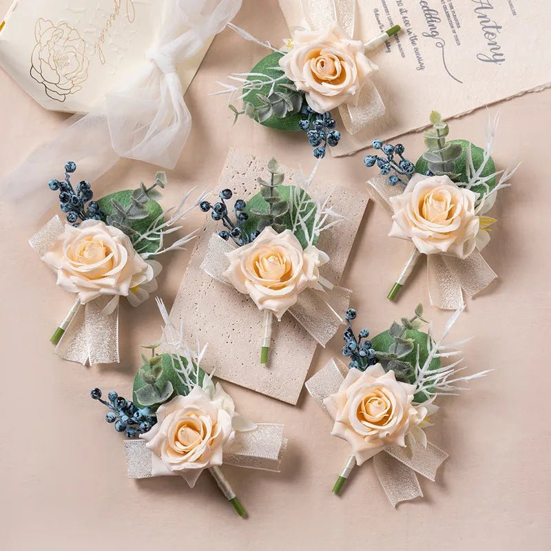 6PCS Men Buttonhole Boutonniere Prom Wedding Accessories Wrist Corsage Artificial Flowers Party Graduation Ceremony Decoration - Luzilly Bridal & Apparel