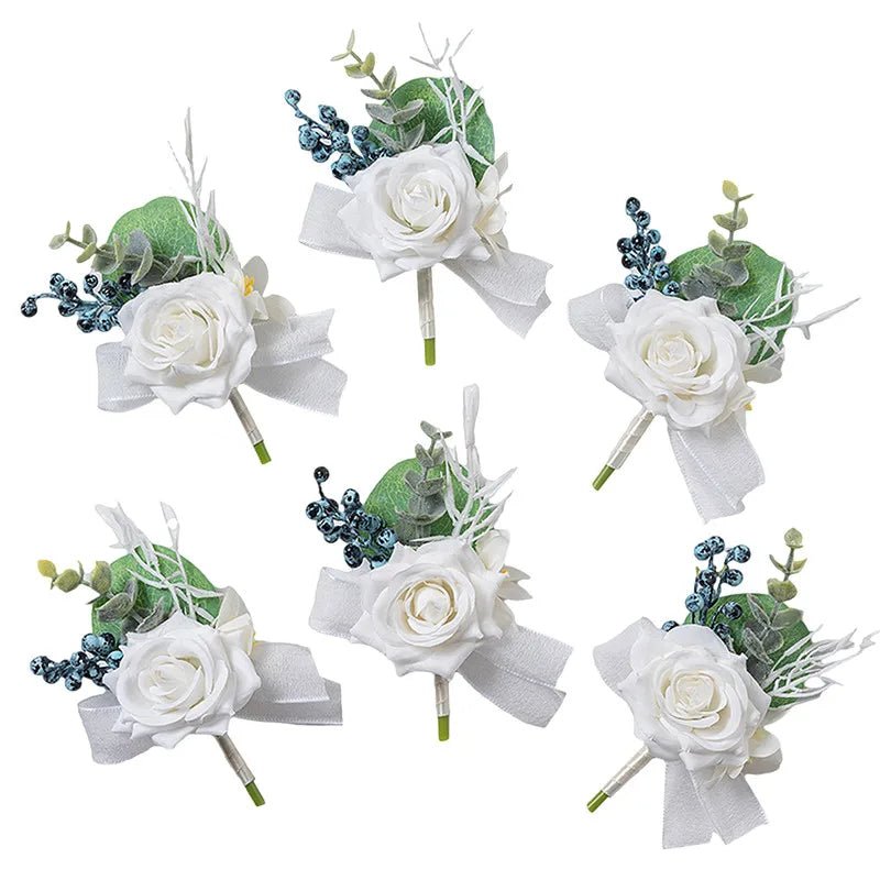 6PCS Men Buttonhole Boutonniere Prom Wedding Accessories Wrist Corsage Artificial Flowers Party Graduation Ceremony Decoration - Luzilly Bridal & Apparel