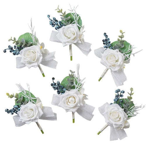 6PCS Men Buttonhole Boutonniere Prom Wedding Accessories Wrist Corsage Artificial Flowers Party Graduation Ceremony Decoration - Luzilly Bridal & Apparel