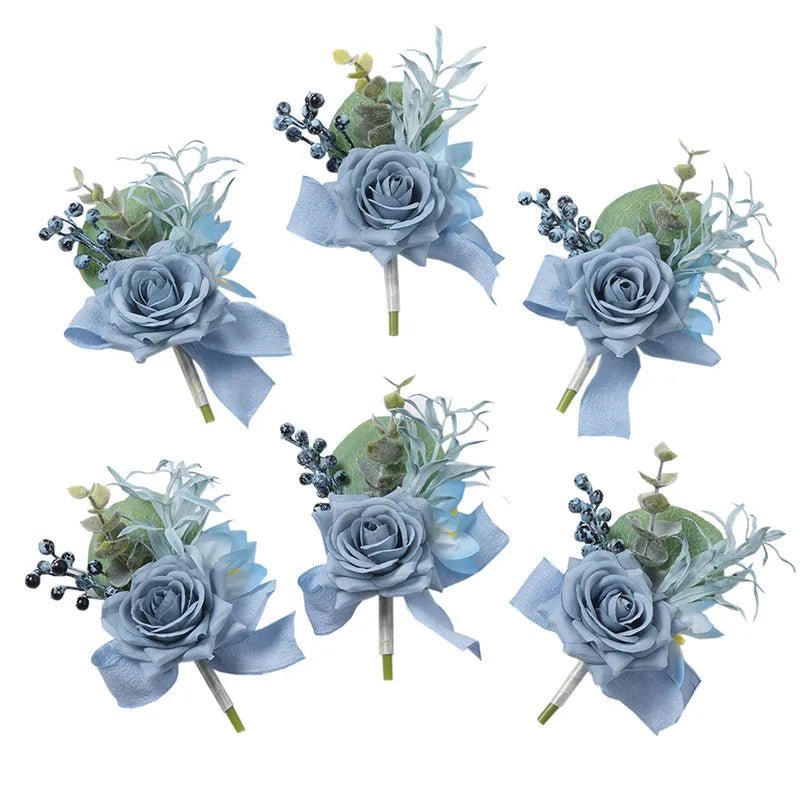 6PCS Men Buttonhole Boutonniere Prom Wedding Accessories Wrist Corsage Artificial Flowers Party Graduation Ceremony Decoration - Luzilly Bridal & Apparel