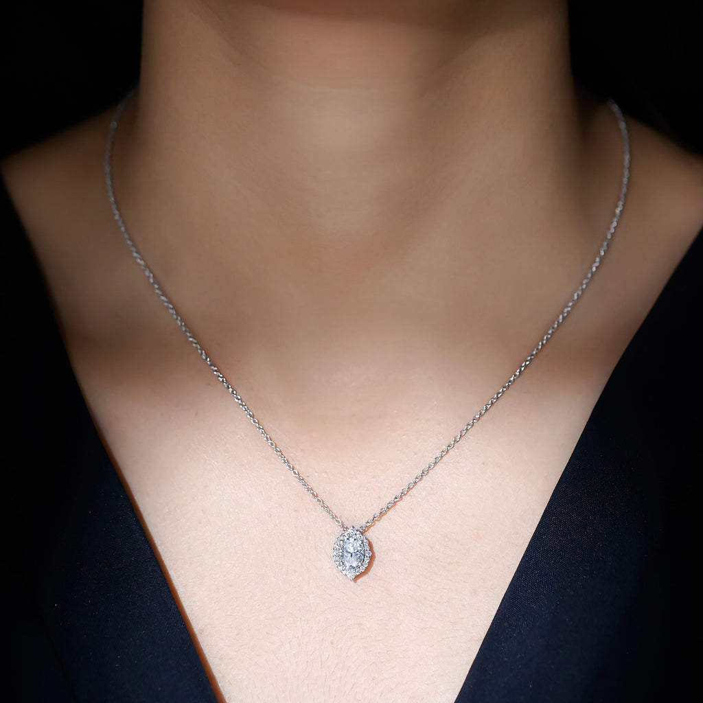 6X8 MM Oval Shaped Lab Grown Diamond Wedding Necklace With Halo - Luzilly Bridal & Apparel