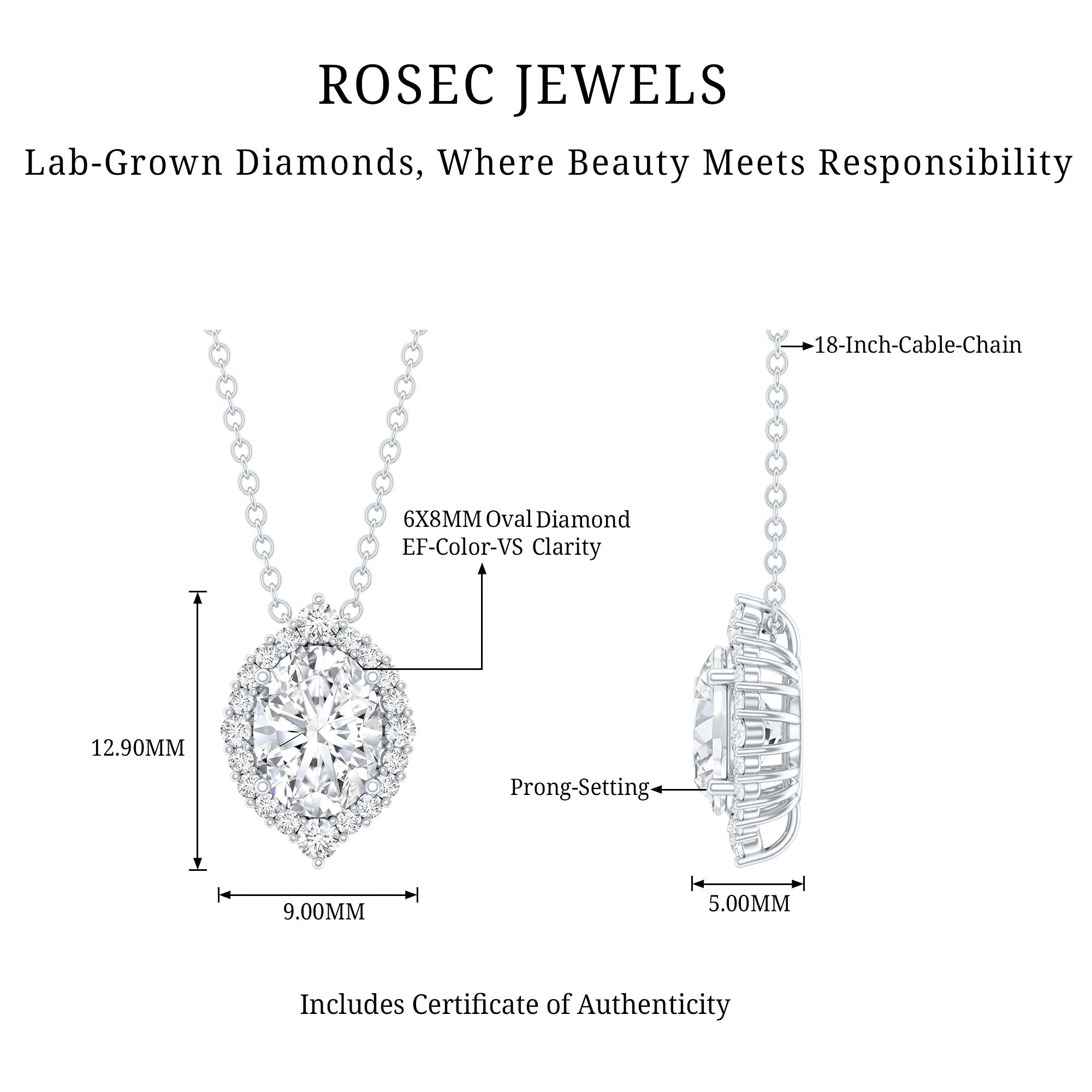 6X8 MM Oval Shaped Lab Grown Diamond Wedding Necklace With Halo - Luzilly Bridal & Apparel