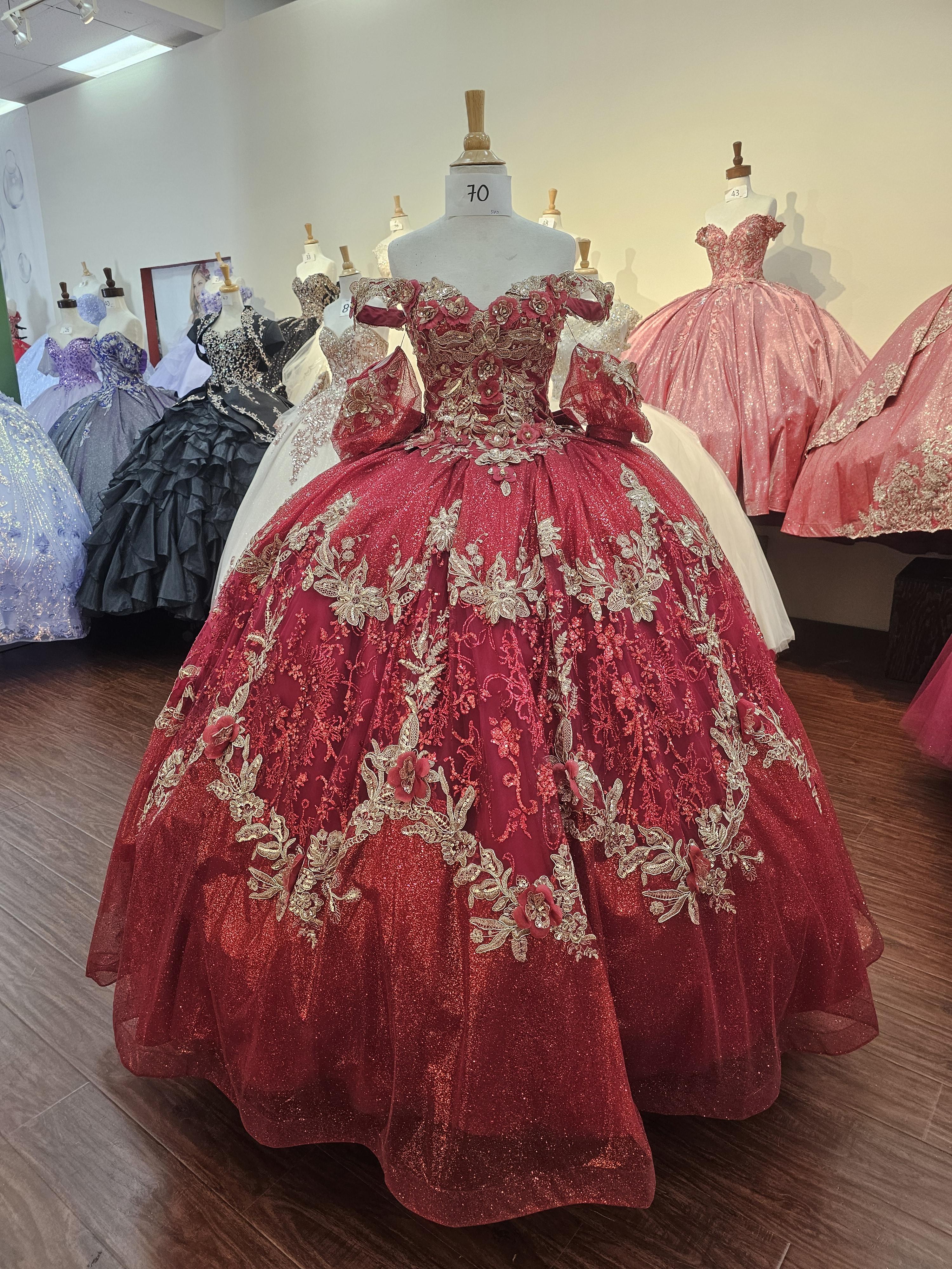 Red Sequin Butterfly Quinceañera Ball Gown