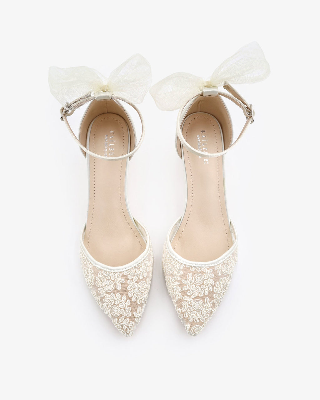 Crochet Lace Pointy Toe Wedding Kitten Low Heel with Tulle Back Bow