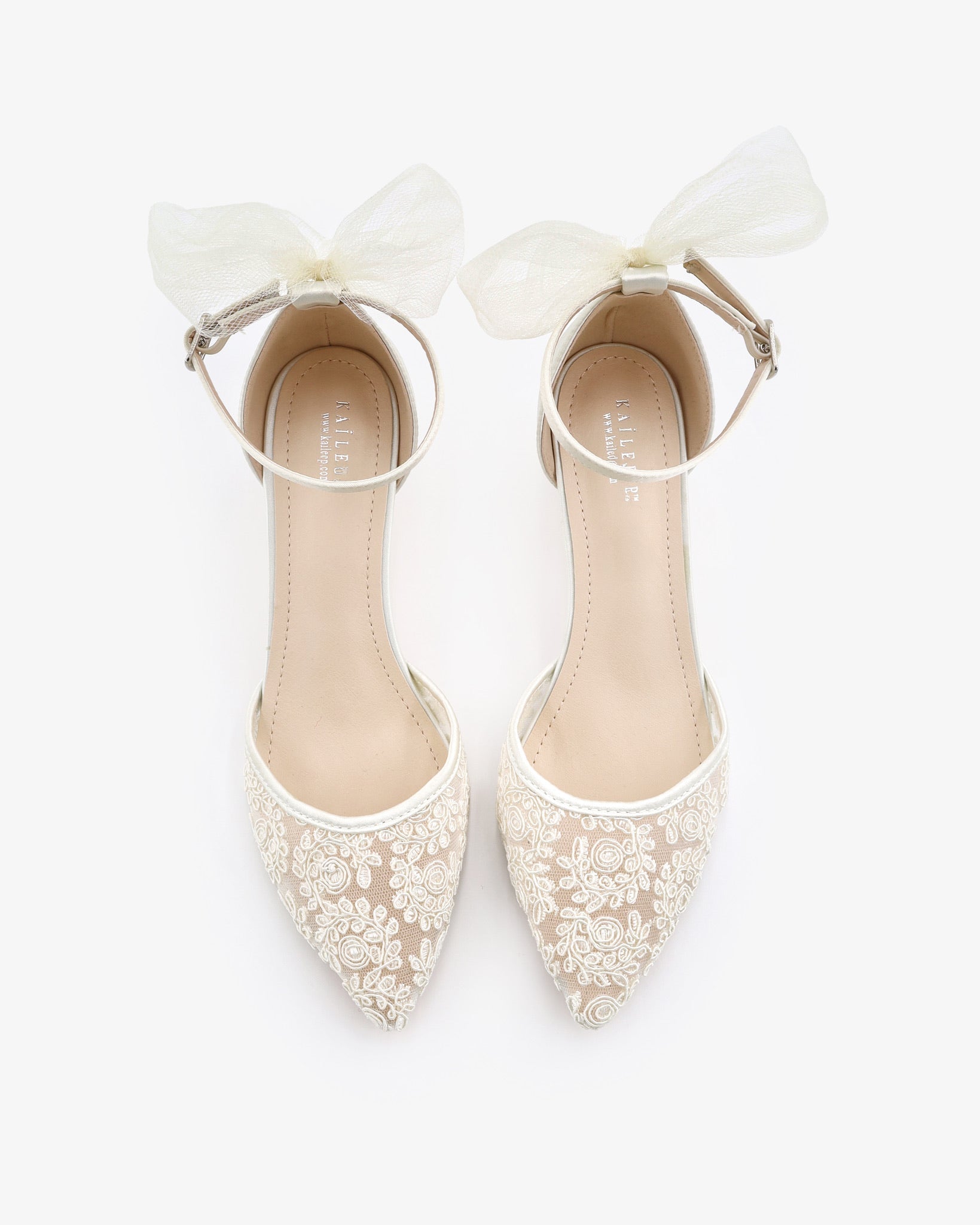 Crochet Lace Pointy Toe Wedding Kitten Low Heel with Tulle Back Bow