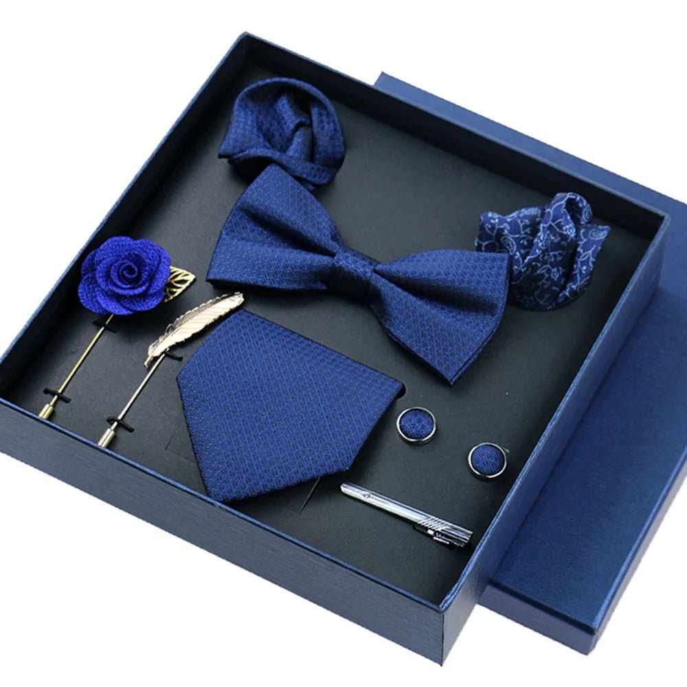 8-piece Set Bussiness Blue Ties For Mans Floral Brooches Pin Cufflinks Tie Clips Butterfly Bowtie Wedding Accessori Gift Box Set - Luzilly Bridal & Apparel