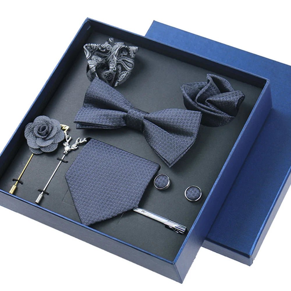 8-piece Set Bussiness Blue Ties For Mans Floral Brooches Pin Cufflinks Tie Clips Butterfly Bowtie Wedding Accessori Gift Box Set - Luzilly Bridal & Apparel