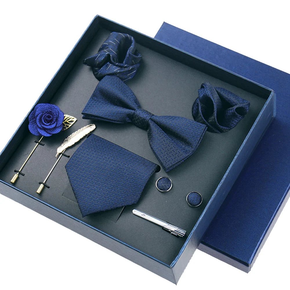 8-piece Set Bussiness Blue Ties For Mans Floral Brooches Pin Cufflinks Tie Clips Butterfly Bowtie Wedding Accessori Gift Box Set - Luzilly Bridal & Apparel