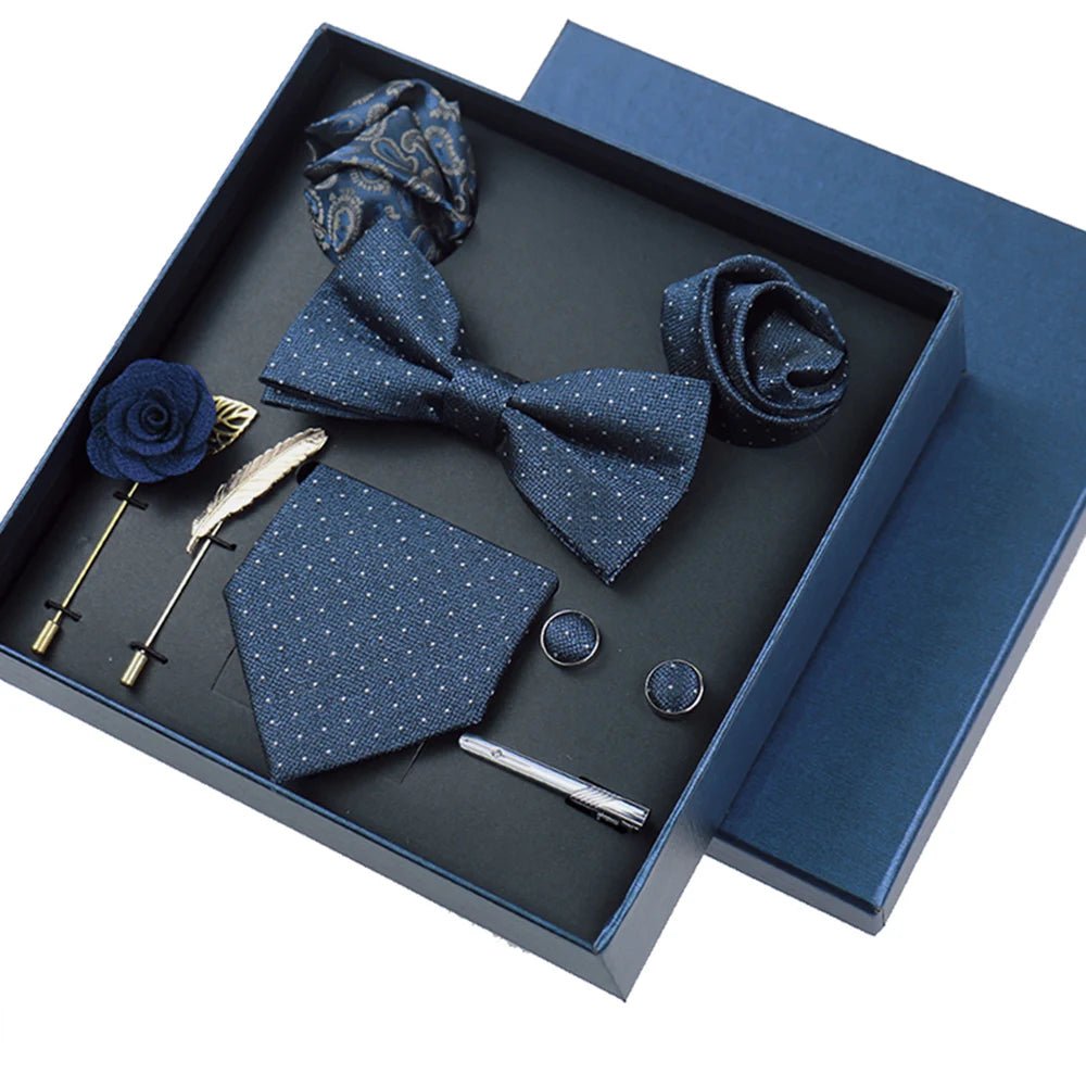 8-piece Set Bussiness Blue Ties For Mans Floral Brooches Pin Cufflinks Tie Clips Butterfly Bowtie Wedding Accessori Gift Box Set - Luzilly Bridal & Apparel