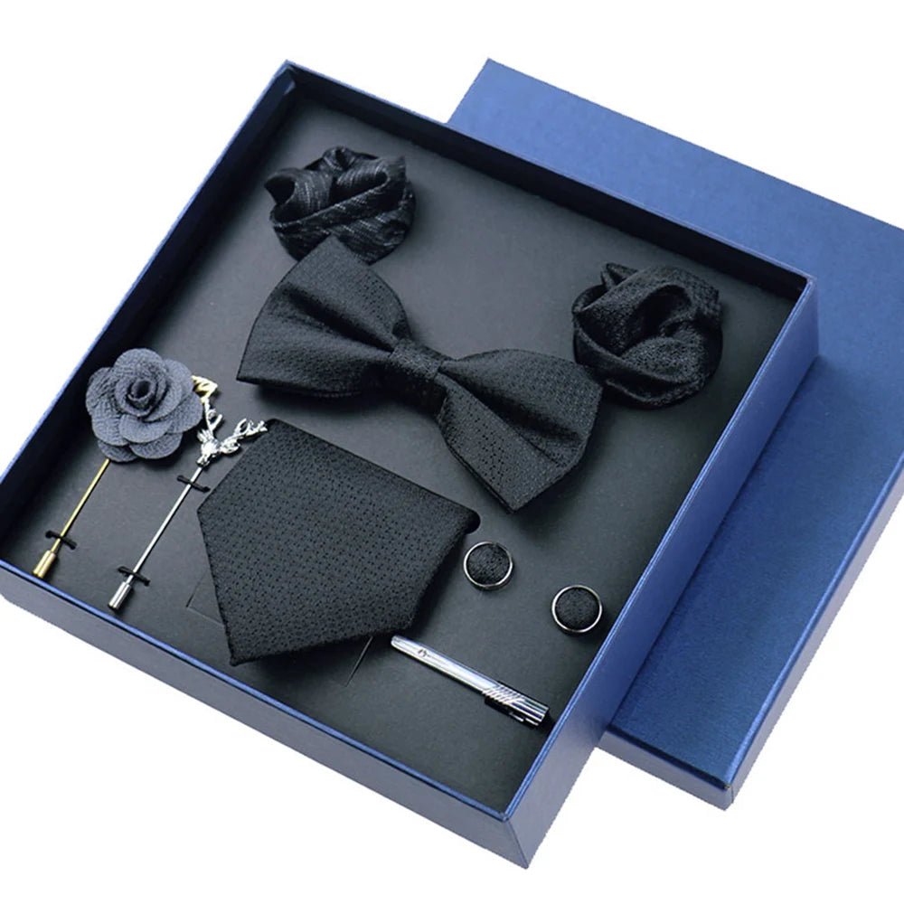 8-piece Set Bussiness Blue Ties For Mans Floral Brooches Pin Cufflinks Tie Clips Butterfly Bowtie Wedding Accessori Gift Box Set - Luzilly Bridal & Apparel