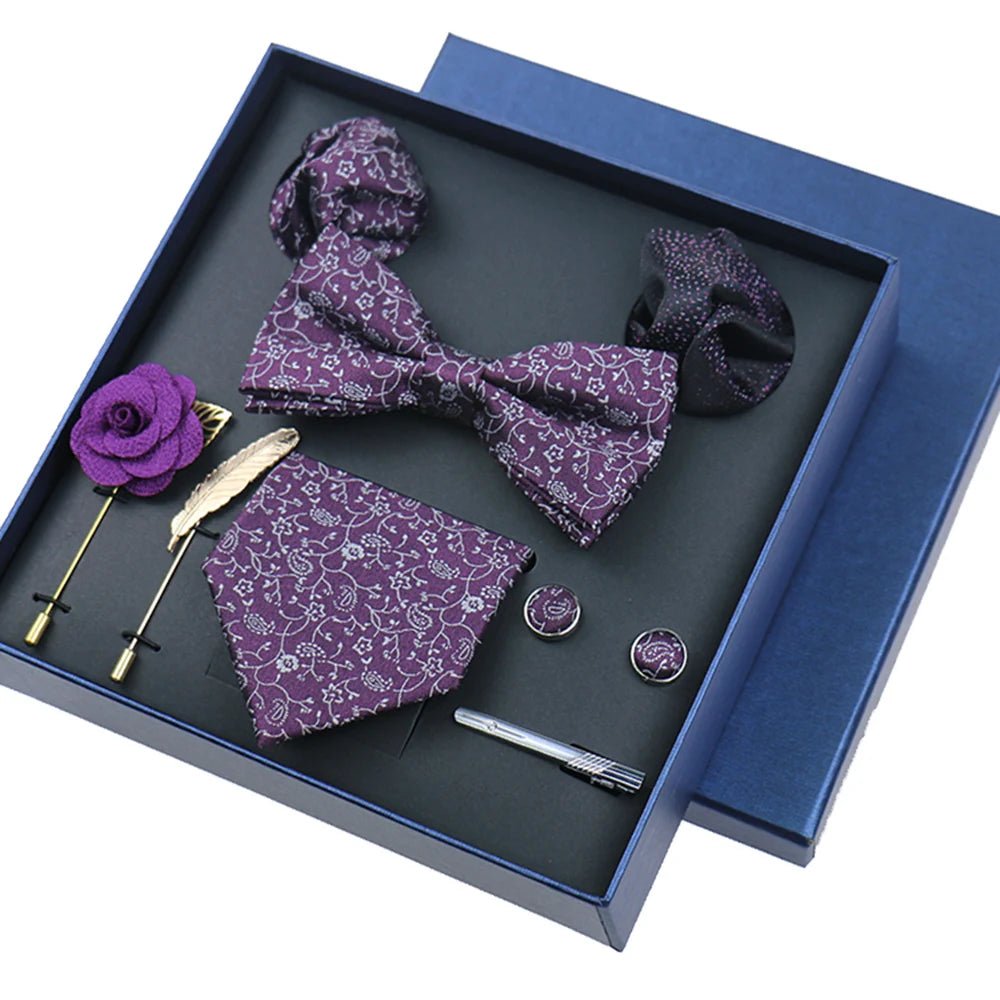 8-piece Set Bussiness Blue Ties For Mans Floral Brooches Pin Cufflinks Tie Clips Butterfly Bowtie Wedding Accessori Gift Box Set - Luzilly Bridal & Apparel