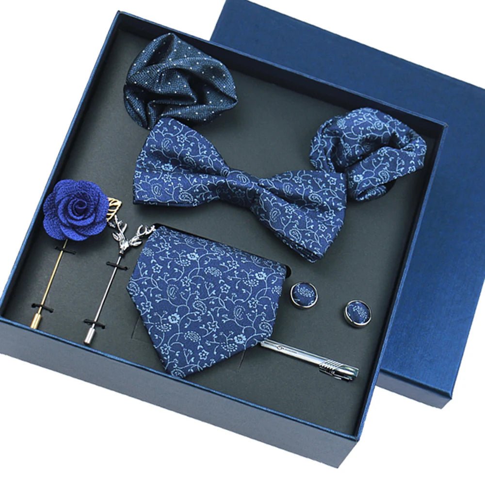 8-piece Set Bussiness Blue Ties For Mans Floral Brooches Pin Cufflinks Tie Clips Butterfly Bowtie Wedding Accessori Gift Box Set - Luzilly Bridal & Apparel
