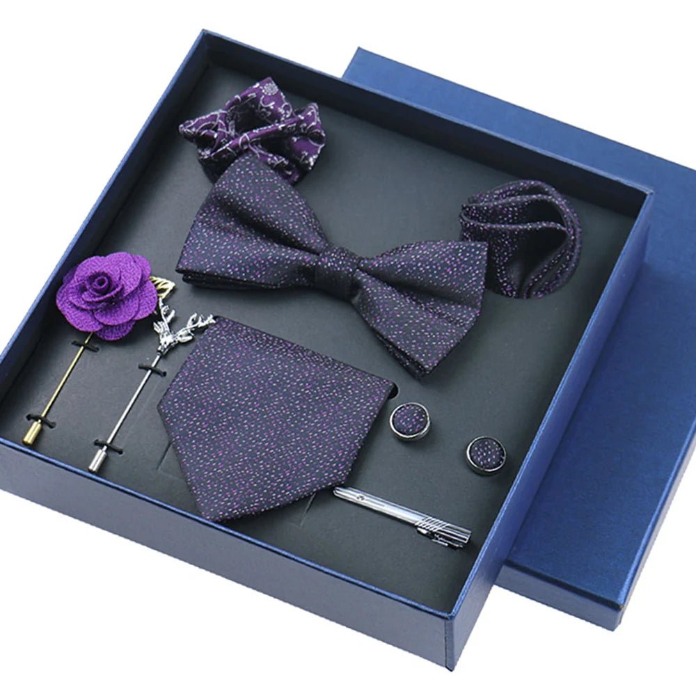 8-piece Set Bussiness Blue Ties For Mans Floral Brooches Pin Cufflinks Tie Clips Butterfly Bowtie Wedding Accessori Gift Box Set - Luzilly Bridal & Apparel