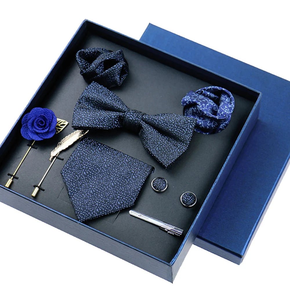 8-piece Set Bussiness Blue Ties For Mans Floral Brooches Pin Cufflinks Tie Clips Butterfly Bowtie Wedding Accessori Gift Box Set - Luzilly Bridal & Apparel