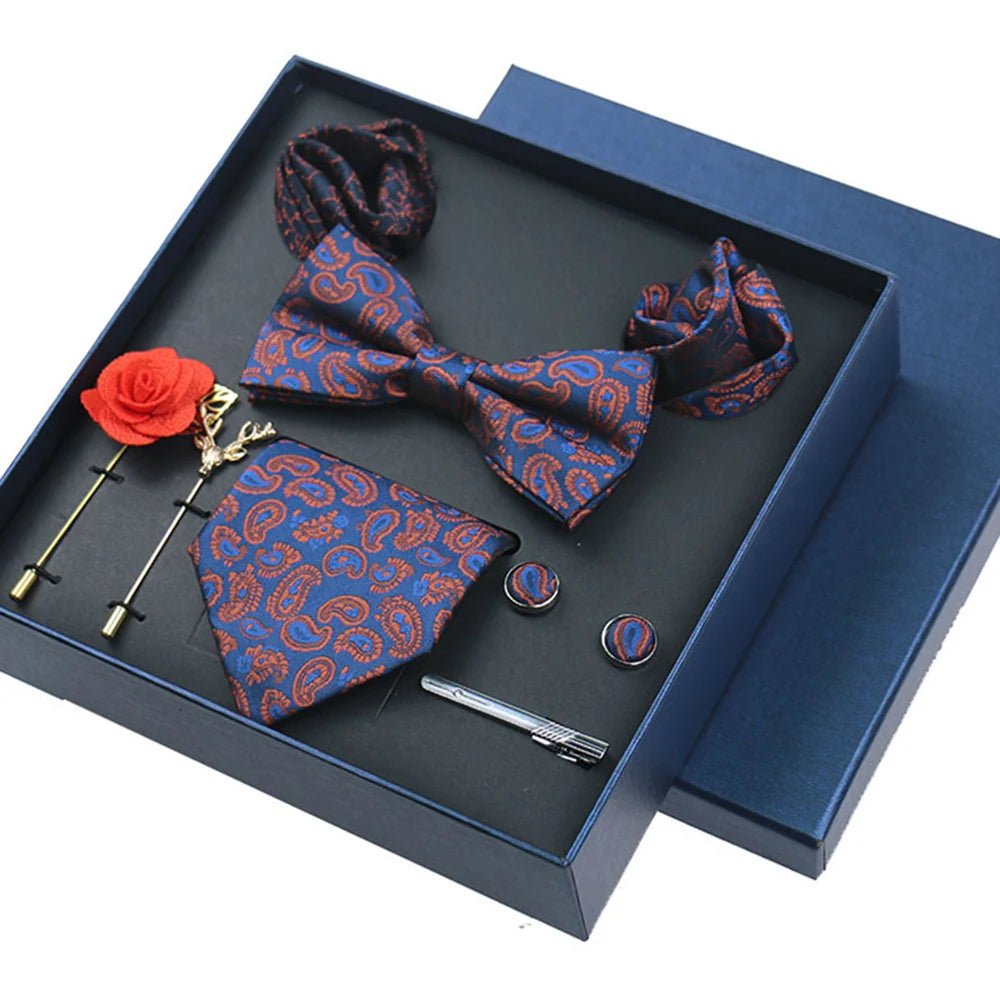 8-piece Set Bussiness Blue Ties For Mans Floral Brooches Pin Cufflinks Tie Clips Butterfly Bowtie Wedding Accessori Gift Box Set - Luzilly Bridal & Apparel