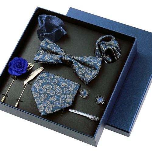 8-piece Set Bussiness Blue Ties For Mans Floral Brooches Pin Cufflinks Tie Clips Butterfly Bowtie Wedding Accessori Gift Box Set - Luzilly Bridal & Apparel
