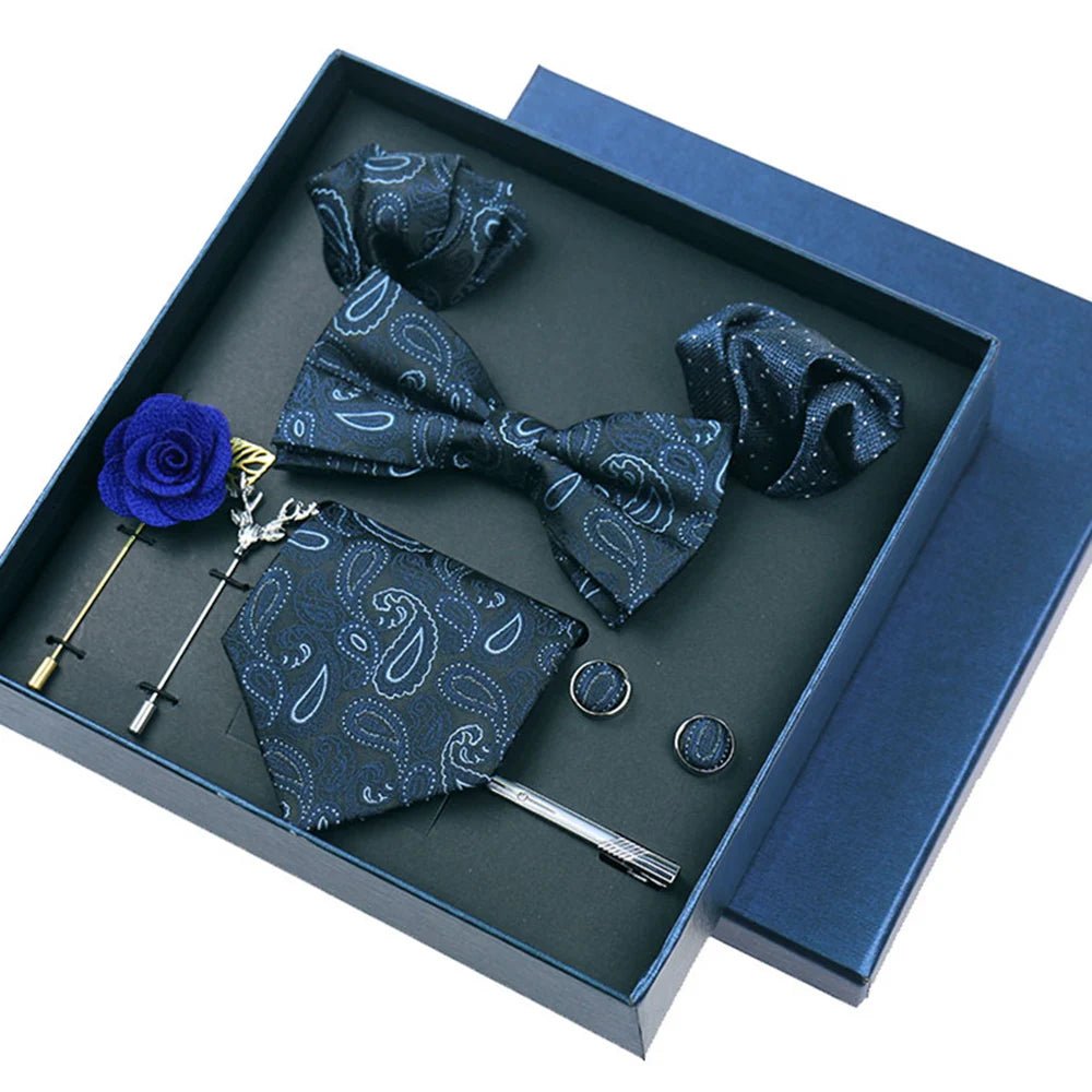 8-piece Set Bussiness Blue Ties For Mans Floral Brooches Pin Cufflinks Tie Clips Butterfly Bowtie Wedding Accessori Gift Box Set - Luzilly Bridal & Apparel