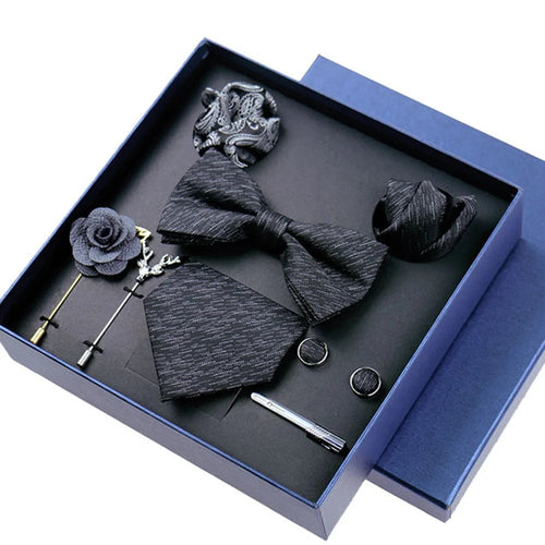 8-piece Set Bussiness Blue Ties For Mans Floral Brooches Pin Cufflinks Tie Clips Butterfly Bowtie Wedding Accessori Gift Box Set - Luzilly Bridal & Apparel