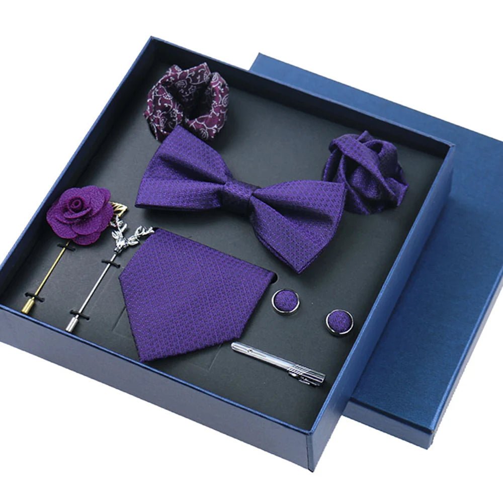 8-piece Set Bussiness Blue Ties For Mans Floral Brooches Pin Cufflinks Tie Clips Butterfly Bowtie Wedding Accessori Gift Box Set - Luzilly Bridal & Apparel